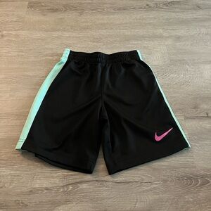 Nike Kids Black and Teal Shorts with Pink Logo